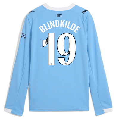Kids' Manchester City Home Jersey 2025/26 Long Sleeve With BLINDKILDE 19 Printing